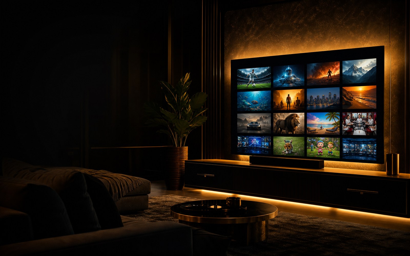 Premium IPTV channel grid on a living room TV
