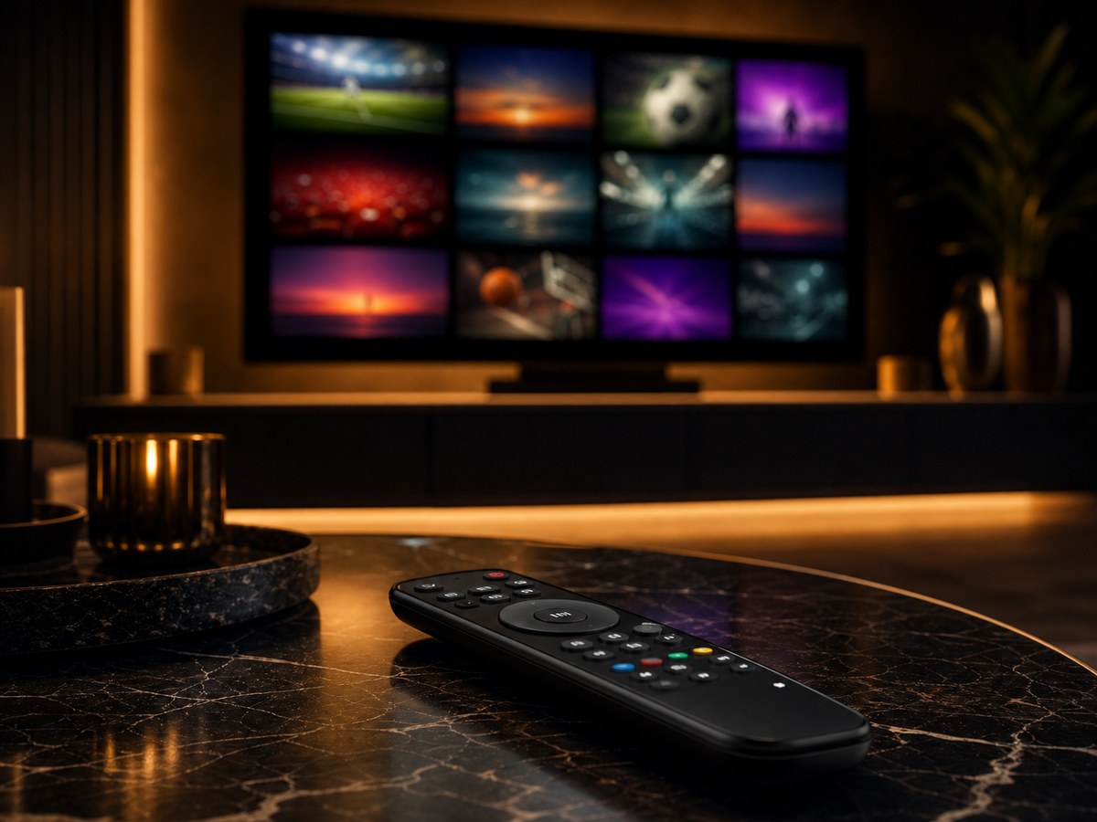 Premium IPTV remote and channel guide in a luxury living room